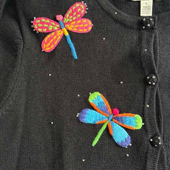 Vintage Talbots Dragonfly Cardigan Sweater Womens Large Black Embroidered Beads - Picture 5 of 12